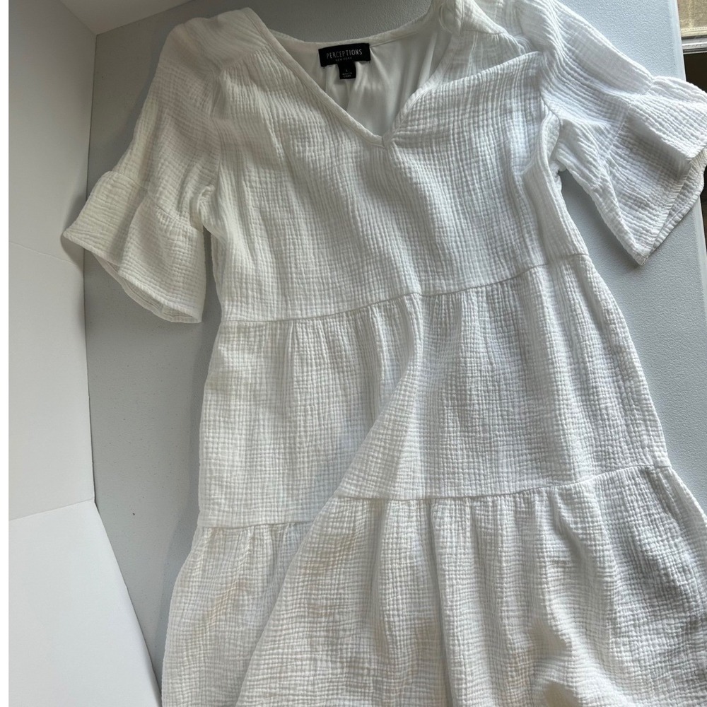 Perceptions New York White Cotton Gauze Tiered V-Neck Flutter‎ Sleeve Dress L